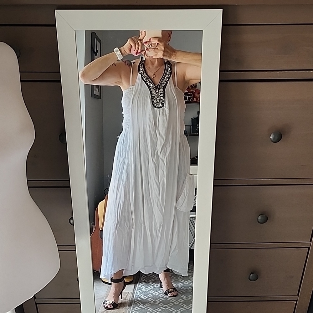 White Harem Dress , Stone Embelished Neckline